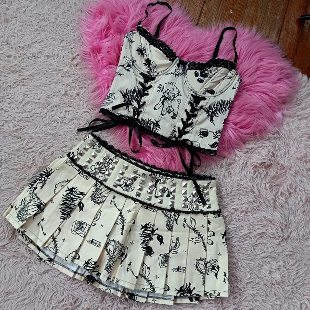 DK kawaii goth creepy cute dbl corset laced top & metal stud skirt set SOLD! - Picture 1 of 15